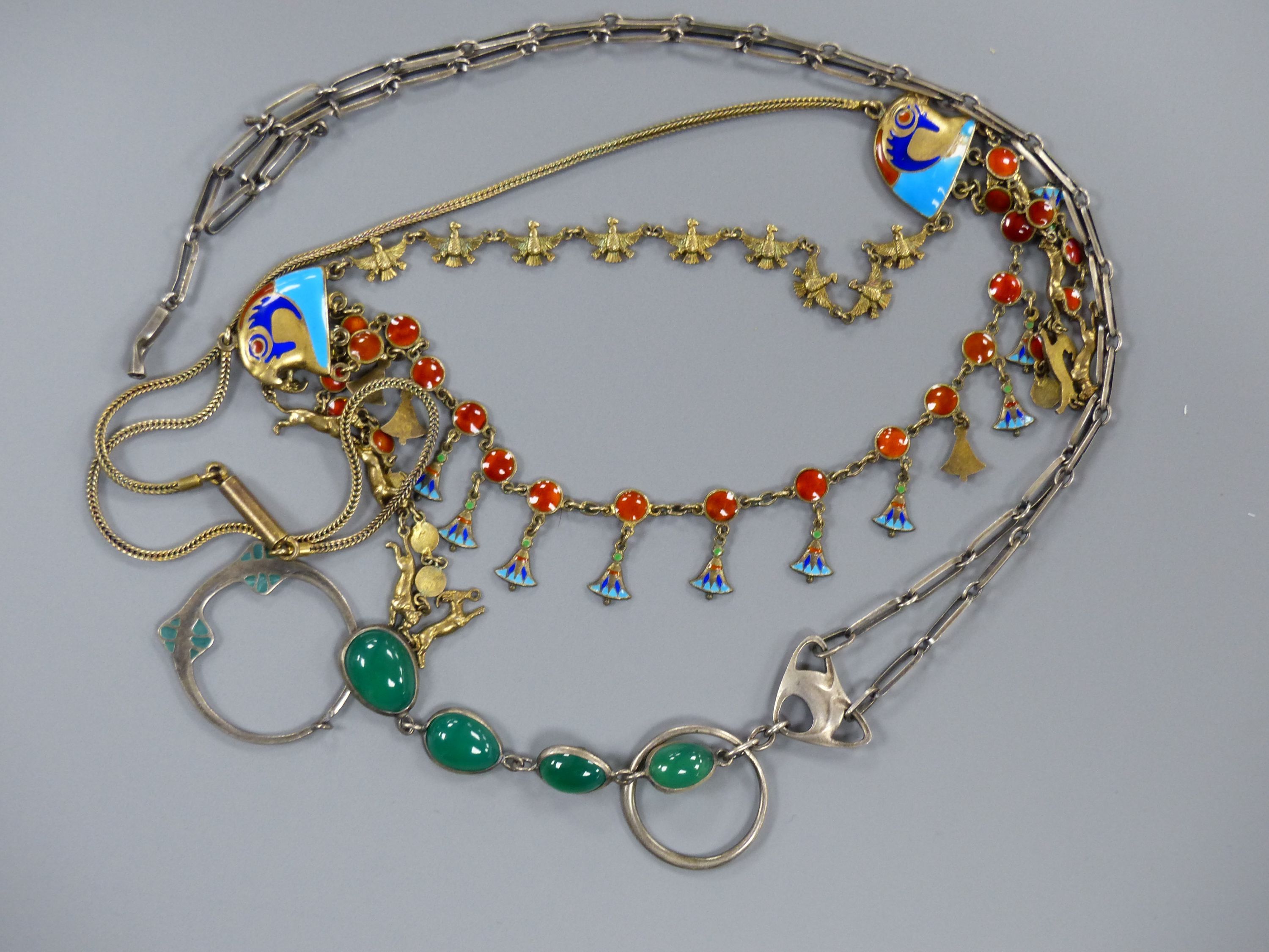 A continental 900 standard gilt white metal and enamel necklace, 46cm and a 935 white metal and chrysophase necklace.